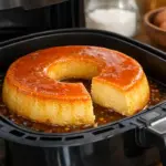 Cesto de uma Airfryer aberto mostrando um pudim de leite condensado com calda de caramelo pronto e perfeito dentro.