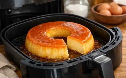 Cesto de uma Airfryer aberto mostrando um pudim de leite condensado com calda de caramelo pronto e perfeito dentro.