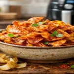 Foto em close de uma tigela rústica cheia de chips de casca de batata crocantes e avermelhados pelo tempero de colorau, feitos na Airfryer. Ao lado, cascas cruas e uma Airfryer ao fundo