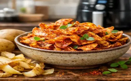 Foto em close de uma tigela rústica cheia de chips de casca de batata crocantes e avermelhados pelo tempero de colorau, feitos na Airfryer. Ao lado, cascas cruas e uma Airfryer ao fundo