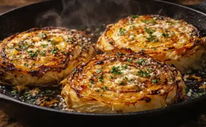 Discos de repolho tostados na frigideira com bordas bem douradas e crocantes, cobertos com manteiga de alho derretida, queijo parmesão e um fio de mel brilhante.