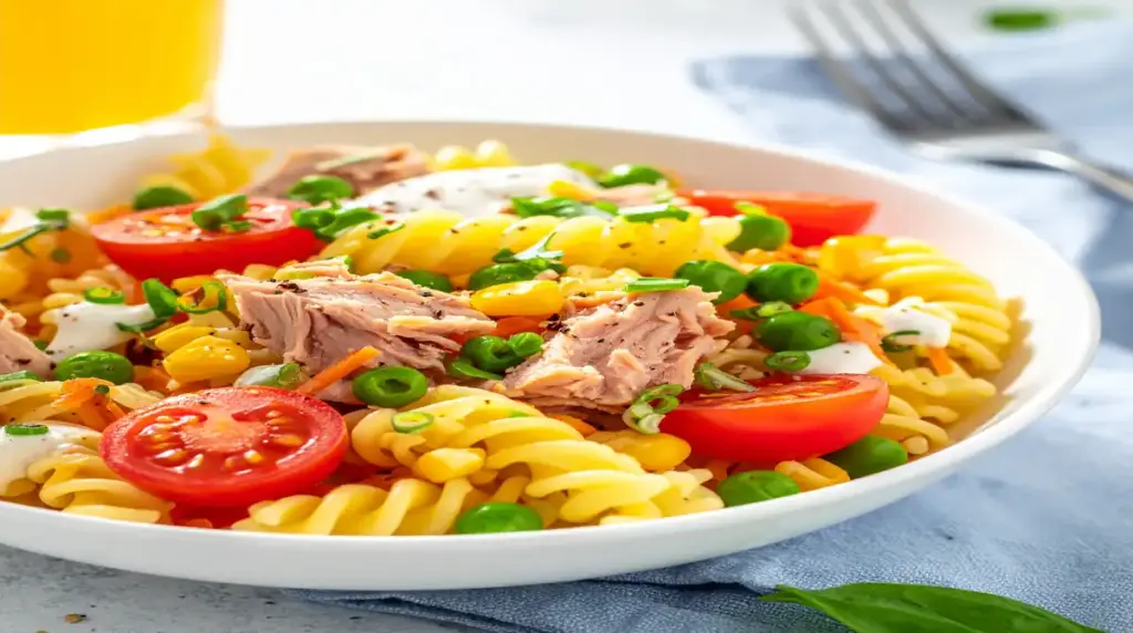 Tigela com salada de macarrão parafuso, atum, tomate cereja e molho de iogurte cremoso sobre toalha azul.