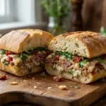 Tábua de madeira com uma mistura picada e cremosa de salame, queijo e rúcula sendo colocada dentro de um pão ciabatta aberto.
