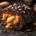 Tâmara recheada com pasta de amendoim coberta por chocolate mordida ao meio, mostrando o interior puxa-puxa ("Snickers de Tâmara"), salpicada com flor de sal.