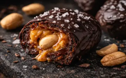 Tâmara recheada com pasta de amendoim coberta por chocolate mordida ao meio, mostrando o interior puxa-puxa ("Snickers de Tâmara"), salpicada com flor de sal.