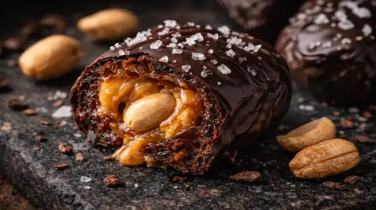Tâmara recheada com pasta de amendoim coberta por chocolate mordida ao meio, mostrando o interior puxa-puxa ("snickers saudável"), salpicada com flor de sal.