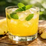 Copo de suco de abacaxi gelado com hortelã e gengibre, representando o detox de janeiro com frutas de Marataízes.