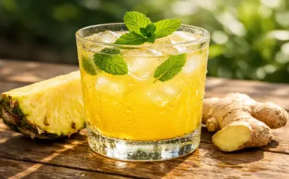 Copo de suco de abacaxi gelado com hortelã e gengibre, representando o detox de janeiro com frutas de Marataízes.