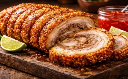 Fatias de torresmo de rolo assado na airfryer com a pele pururucada e crocante, servidas em tábua de madeira com limão e geleia.