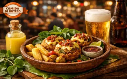 Close de um petisco de buteco rústico e apetitoso servido em uma mesa de madeira com um copo de cerveja ao fundo, representando os vencedores do Comida di Buteco 2025