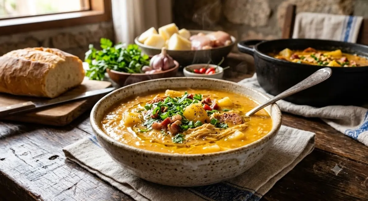 Caldo de kenga cremoso com frango desfiado, milho e cheiro-verde