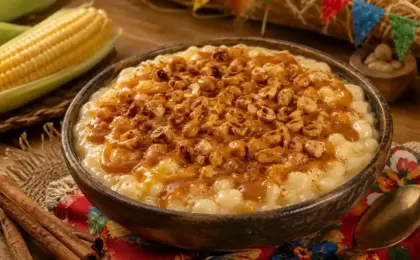 Canjica com Doce de Leite e Amendoim Queimado