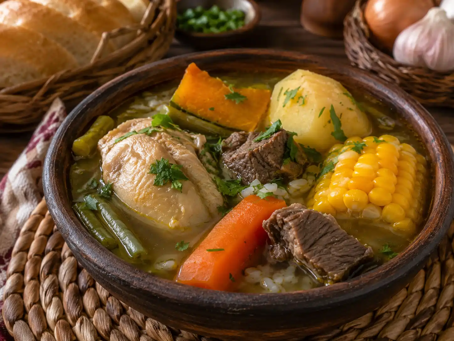 Cazuela chilena com carne, batata, abóbora, milho e legumes em caldo quente