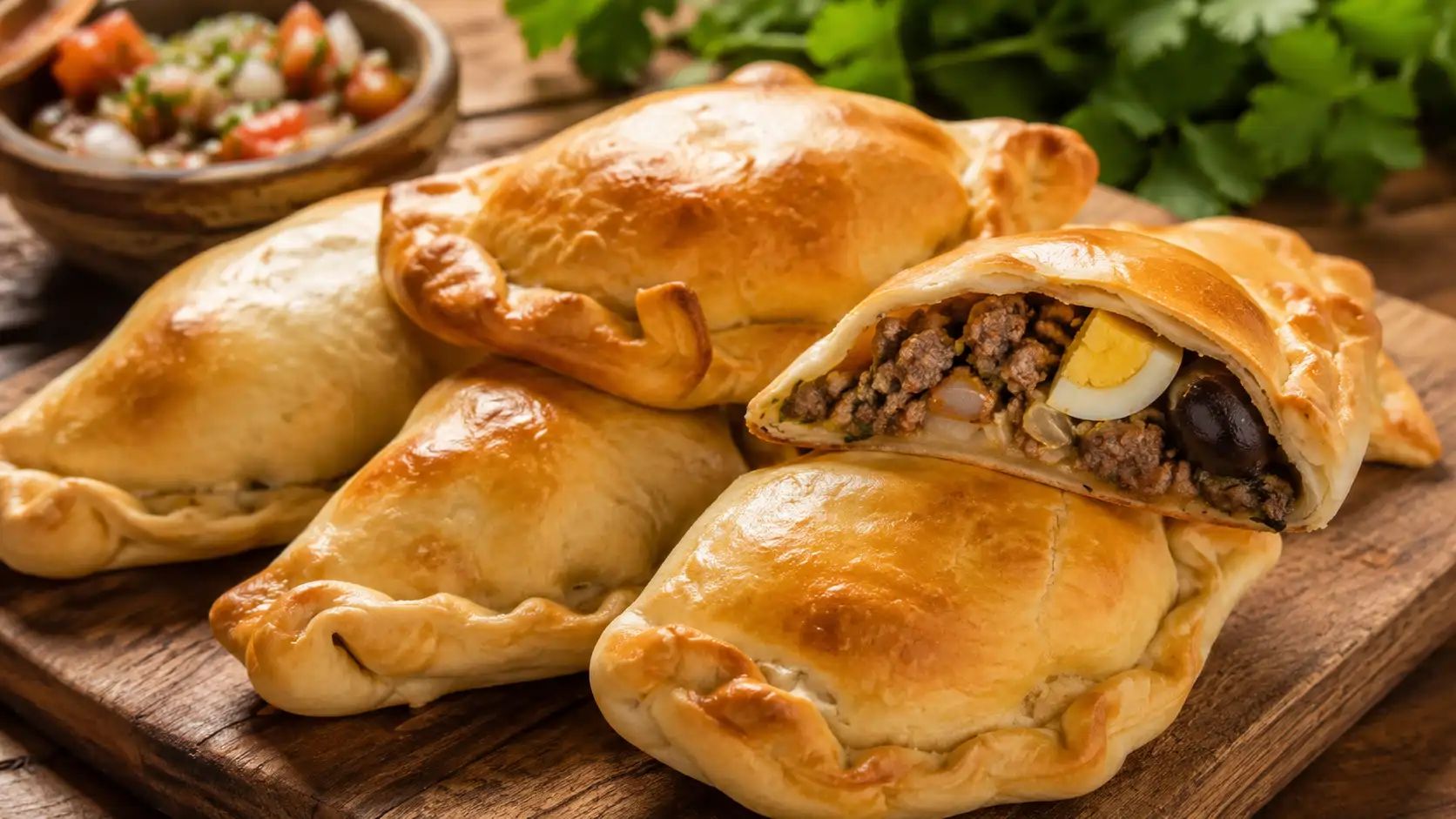 Empanadas chilenas assadas com recheio de carne, ovo cozido e azeitona