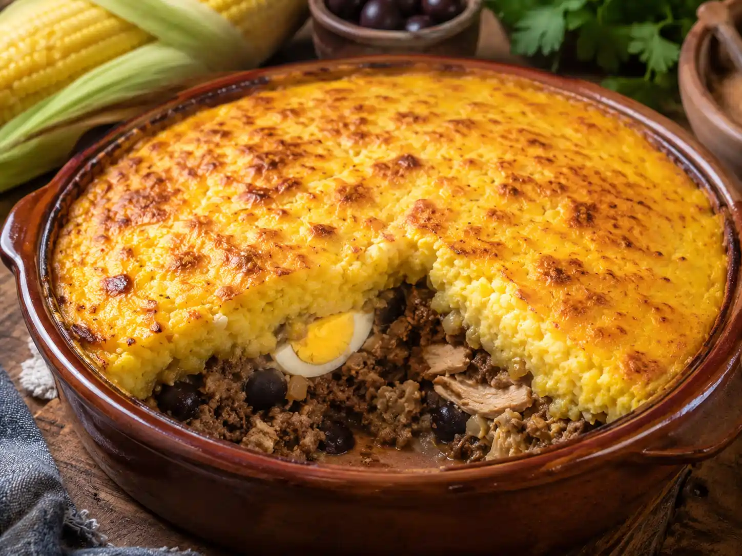 Pastel de choclo chileno gratinado com cobertura cremosa de milho