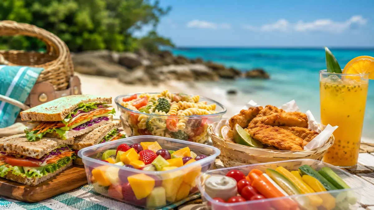Mesa de verão com comida de praia, sanduíches, frutas, salada de macarrão, suco gelado e petiscos