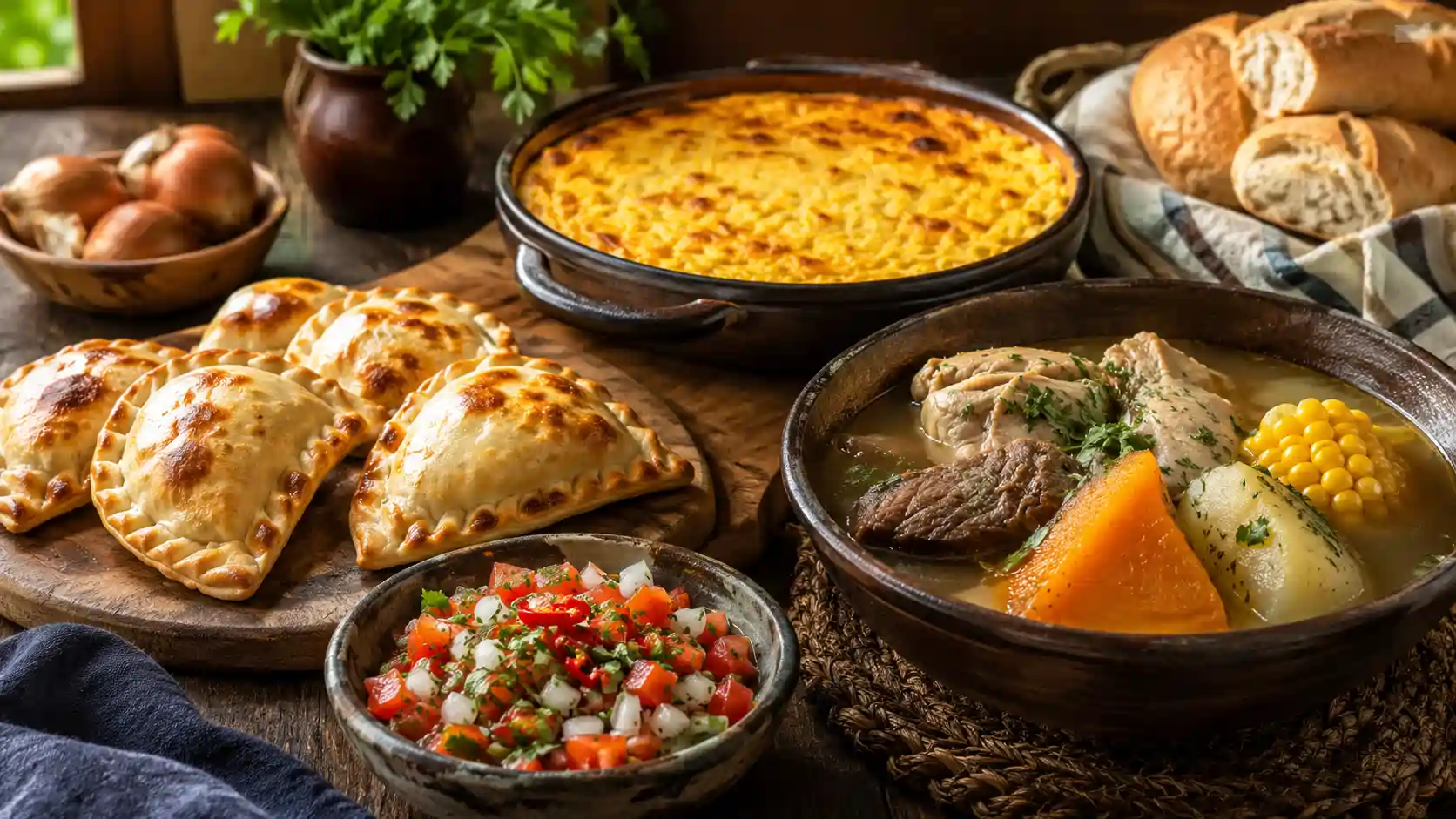 Mesa com pratos tradicionais da culinária chilena, incluindo empanadas, milho, carne, peixe e molhos frescos