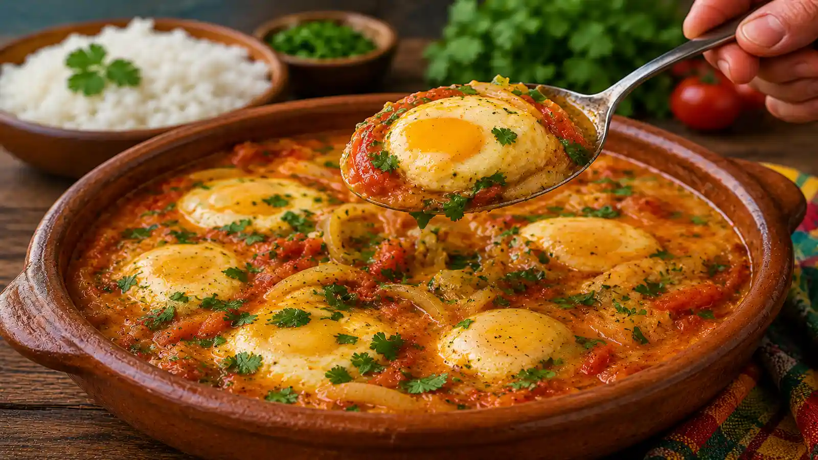 moqueca de ovo capixaba com caldo de urucum na panela de barro