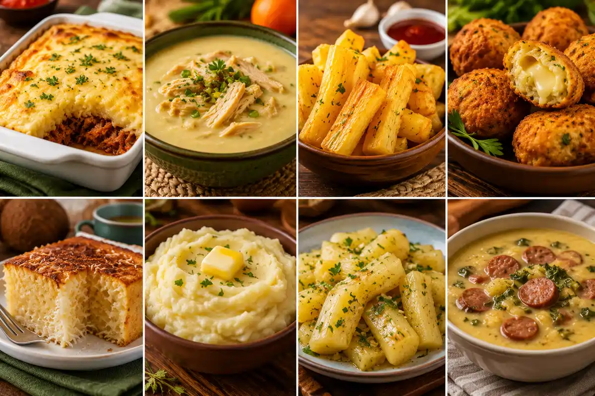 Receitas com aipim incluindo escondidinho, caldo, bolinho, aipim frito e bolo cremoso