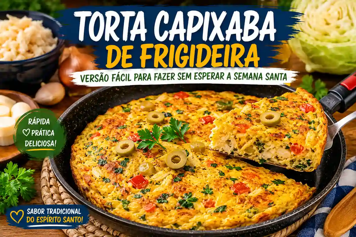 Torta capixaba de frigideira com bacalhau, palmito, ovos, repolho e coentro