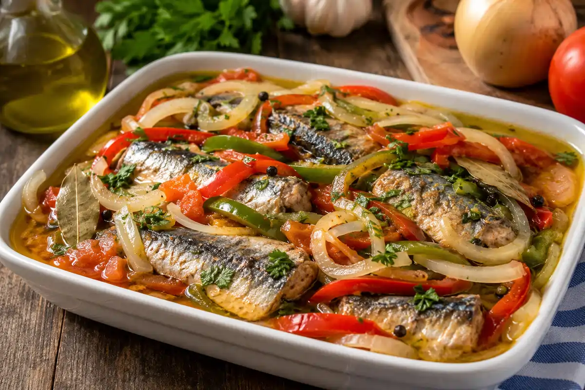truque do escabeche de sardinha servido em travessa
