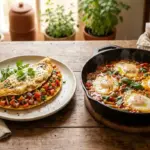 2 receitas com ovo para jantar: omelete de legumes e ovos ao molho de tomate